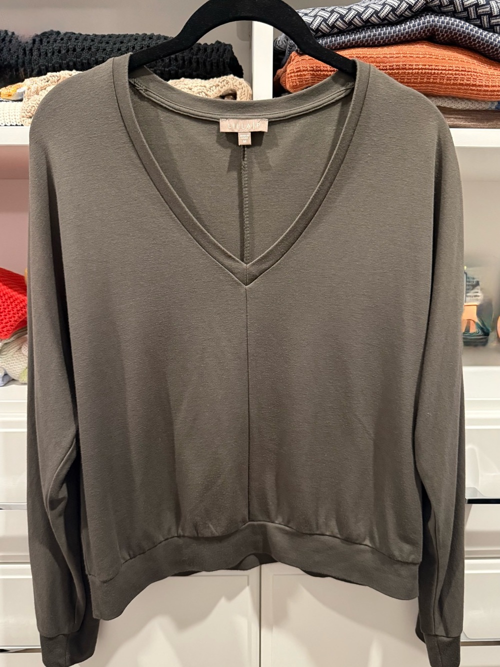 Lilla P Olive Green V-Neck Relaxed Pullover